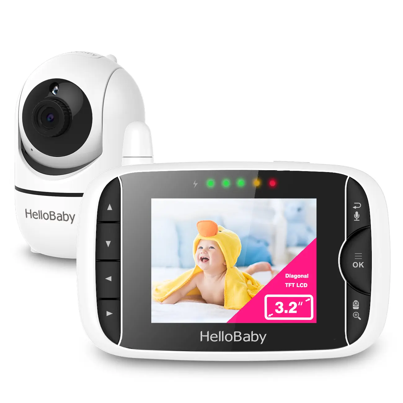 HelloBaby 3.2'' Video Baby Monitor, Remote Pan-Tilt-Zoom Camera, Night Vision, 2-Way Audio, Lullabies & Temp Sensor for Baby Safety