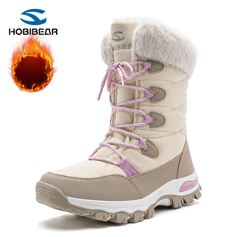HOBIBEAR Women's Waterproof Mid-Calf Winter Snow Boots - Cloth Upper, Round Toe, Lightweight, Warm Faux Fur Lined, Lace-Up Booties, Soft Casual Shoe, Footwear