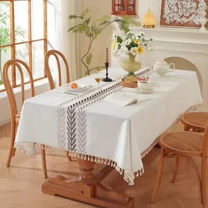 Embroidered Floral Plaid Tassel Tablecloth Rectangular Coffee Table Cloth Dining Table Cloth 140x140 140x180 140x200 140x220 140x240 140x260 140x300 90x90 90x140 100x160 Custom Size 27/meter Dustproof Modern Simplicity Plants and Flowers
