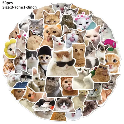 50pcs Cute Cartoon Cat Pattern Sticker Packs, Funny Cat Animal Waterproof Cartoon Sticker, Decoration Sticker For Computer, Guitar, Bag, Water Cup, Scrapbook