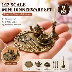 Exquisite Miniature Victorian-Style Tableware Set, 1:12 Scale Vintage Openwork Metal, Includes Candlestick, Teapot, Coffee Cup, Tray, Bronze Color, Doll House