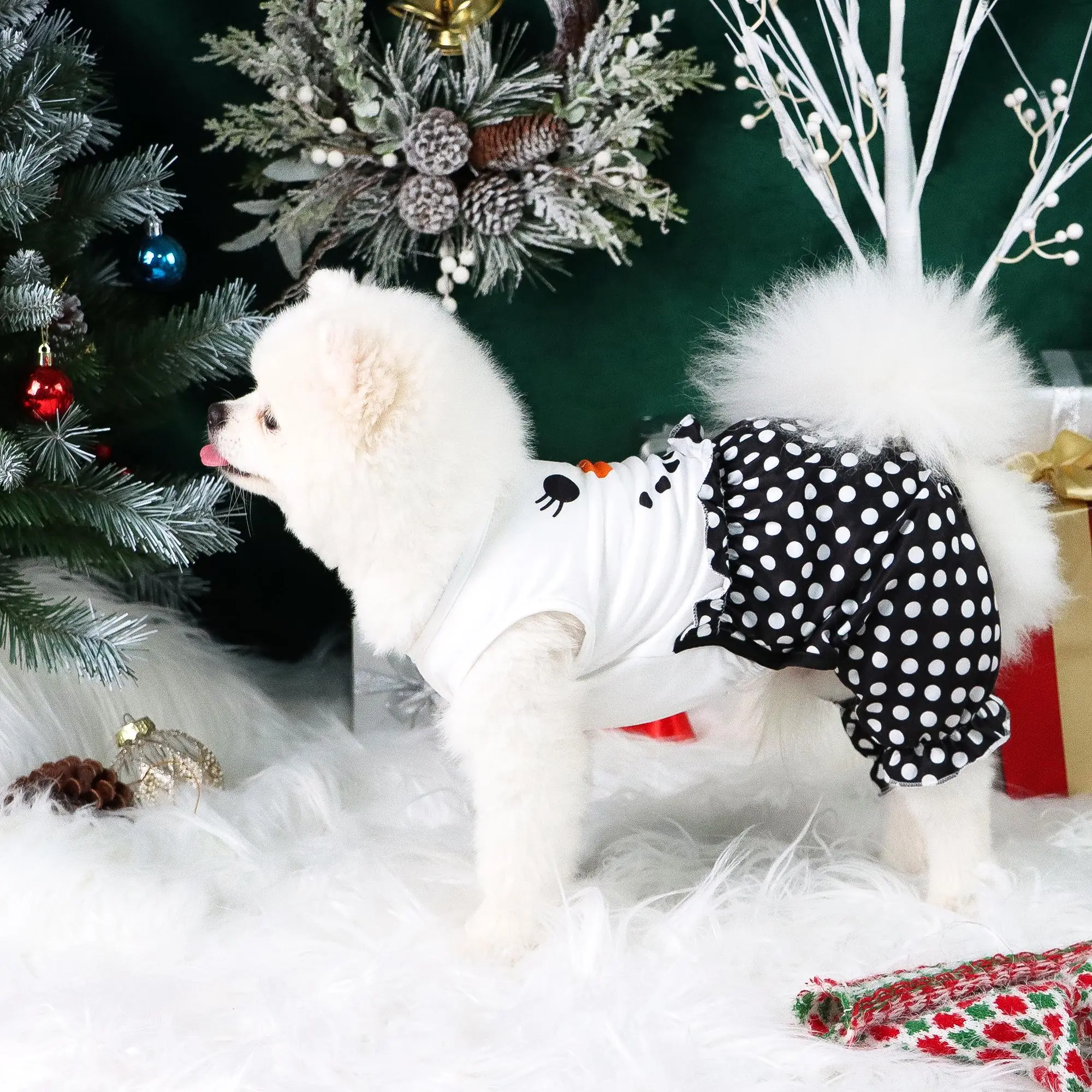 Snowman & Polka Dots Print Pet Jumpsuit, Cute Pet Costume, Pet Clothes for Small Dogs, Poodle, Puppy & Cats, Dog & Cat Clothing Supplies