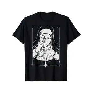 Humorous Unholy Nun Costume T-Shirt for Men Women and Couples Casual Crew Neck Short Sleeve Breathable Cotton Top - Womenswear