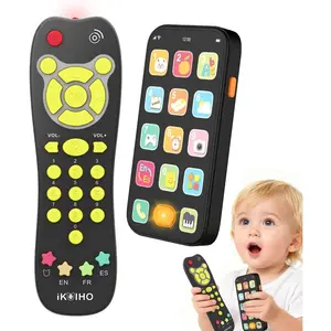 Baby Phone TV Remote Toy Set, Bilingual Play Phones Toy Remote for Baby with Music Light for 6+ Months, Early Learning Baby Toys Gift for 1 Year Old Boys Girls Toddler Infant, English/Spanish, Black