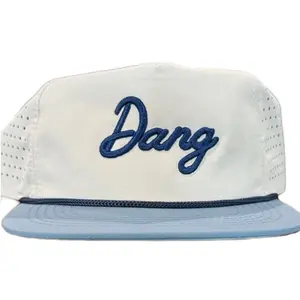 Dang 3D Puff Embroidery Off White Nylon Hat with Light Blue Brim and Navy Rope Detailing