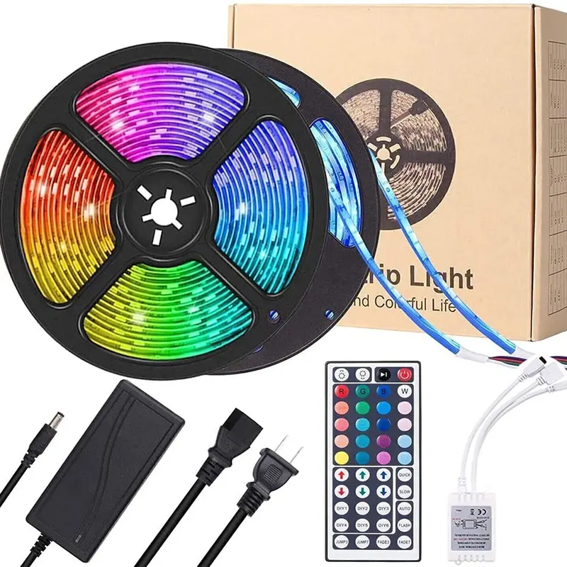 32ft Cuttable Flexible RGB LED Tape Lights - Plug-in, Remote Control Dimmable Color Light, Easy-Install Energy-Efficient Indoor Camping Tent Accessory, Decoration for Bedroom