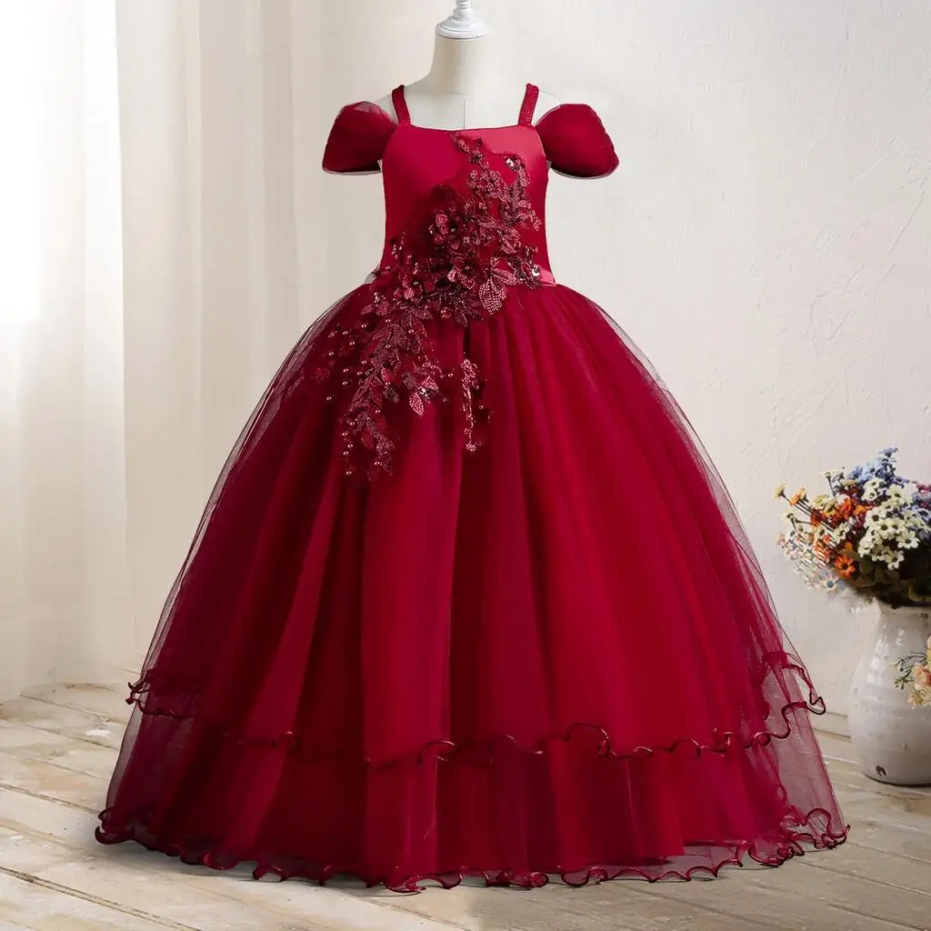 Teenage Girls Christmas Eveing Party Dress for 5 to 14 Years Flower Applique Elegant Princess Dress Bridesmaid Dress for Wedding New Year Formal Prom