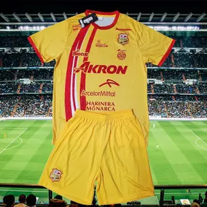 Atletico Morelia Home Kit Replica - Yellow Jersey with Red Stripes & AKRON Logo - Official Soccer Uniform