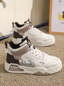 Men's Black & White Color-block High-top Athletic Sneakers, Casual with Chinese Wave Print, Platform Height Boost, Non-slip Wear-resistant Sole for Daily Commute and Street Style, Casual Lifestyle Sneaker