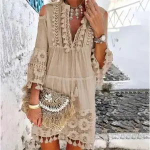 Women's embroidered crochet lace bohemian dress, elegant off-the-shoulder tassel ruffle mini dress, summer V-neck women's beach dress, elegant casual women's wear