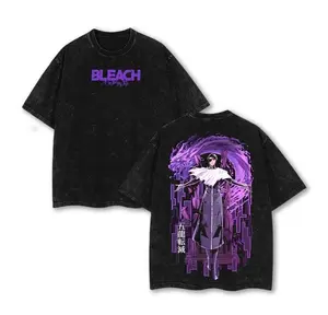 Menswear Round Neck Bleach Sosuke Aizen Tshirt - 100% Cotton Vintage Washed Oversized Retro Distressed Double-Sided Anime Graphic Shortsleeve Top, Harajuku Y2K Aesthetic Japanese Manga Print Casual Figure-Flattering Summer Outfit for Men, Trendy Gift