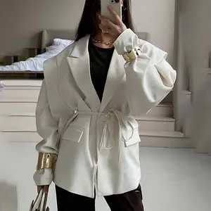 Women's Lace-Up Waist-Cinching Blazer Loose Fit Lapel Design Casual Commuter Small Suit