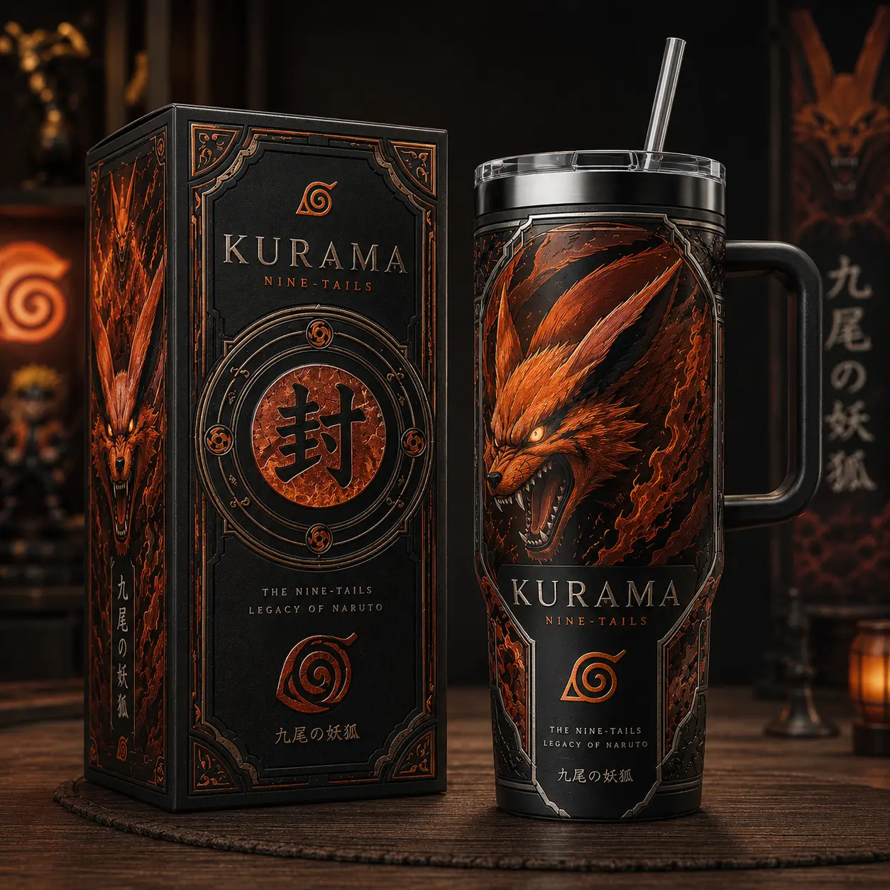 [Kitsune Archive] Kurama Nine Tails Naruto Shippuden 40oz Tumbler With Handle & Straw, Kurama Anime Cup, Nine Tails Fox Graphic Travel Mug, Tailed Beast Inspired Insulated Water Tumbler, Naruto Fan Gift, Manga Drinkware
