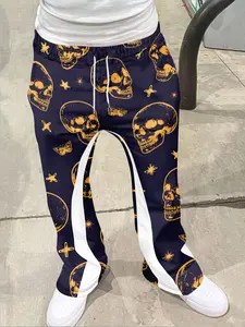 Gothic Skull Print Bell Bottoms, Deep Color Avant-Garde Casual Pants, Geometric Pattern, Fitted Design, All Seasons Wear