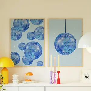 Blue Disco Ball Print Set of 2, Preppy Wall Art, Girly Navy Dorm Room Apartment Decor, Bachelorette Bar Cart Art Poster