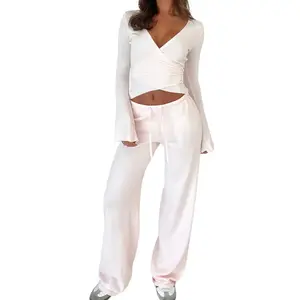 2-Piece Lounge Set: Pilates Wrap Top + Flared Pants, Yoga Wrap Tops, Ballet Workout Outfits, Downtown Girl Clothing
