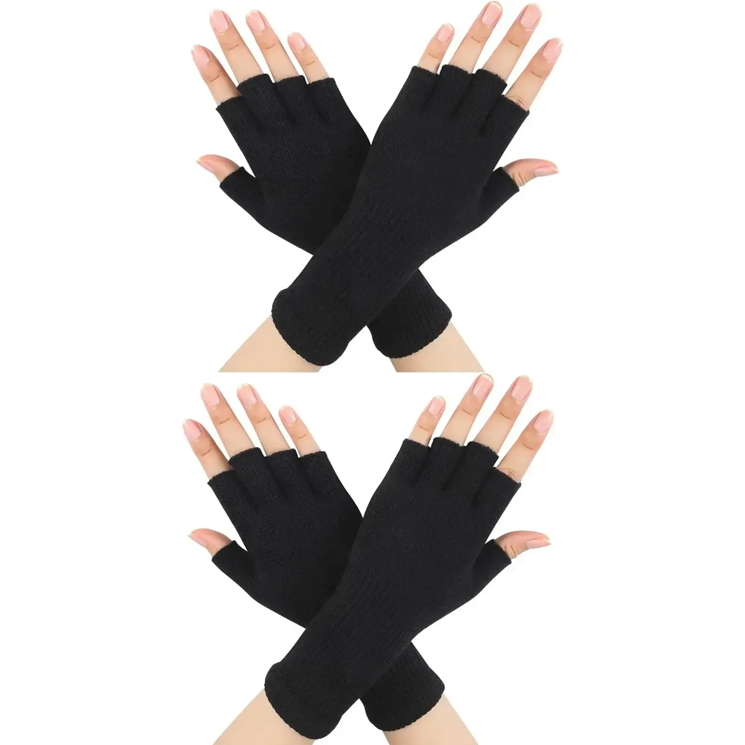 Unisex Acrylic Fingerless Gloves - 2-Pair Red and Black Winter Knitted Half-Finger Mittens, Stretchable Touchscreen Safe Keep Warm Common Size Fashion Accessories, Female, Black, Light Khaki, Gray, Light Khaki, Light Grey