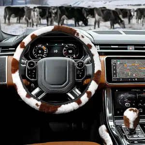 3 count  Steering Wheel Cover Plush, Auto Cute Furry Cows  Hand  & Shift Gear Covers Universal Soft Warm  Interior Accessories for Women Men (Brown , 15 inch)