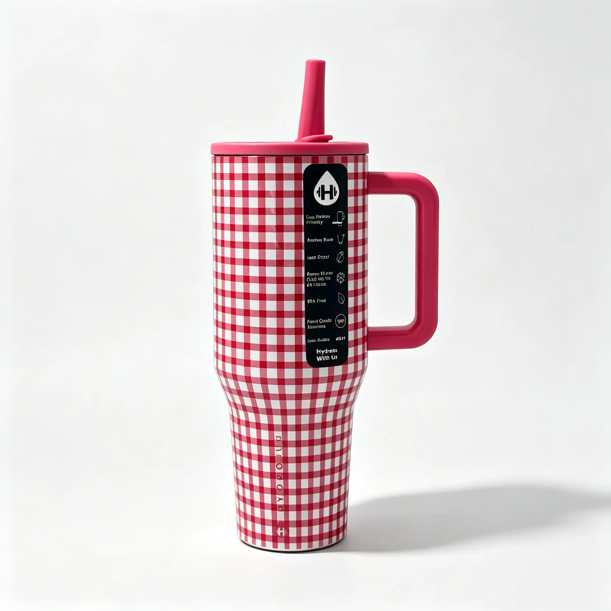 HydroJug 40oz Red Gingham Insulated Tumbler with Handle & Straw, Stainless Steel Travel Cup, 24 Hours Cold, Leakproof Reusable Mug for Picnic & Daily Use Drinkware Flasks Tumbler Portable Mug Bottled Bottles Water Bottles