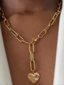 Women's Punk Style Rhinestone Heart Decor Pendant Necklace, Exquisite Trendy Cuban Chunky Chain Necklace, Chic Jewelry As Gift for Girlfriend, Rhinestone Decorated Necklace, Heart Shaped Necklace