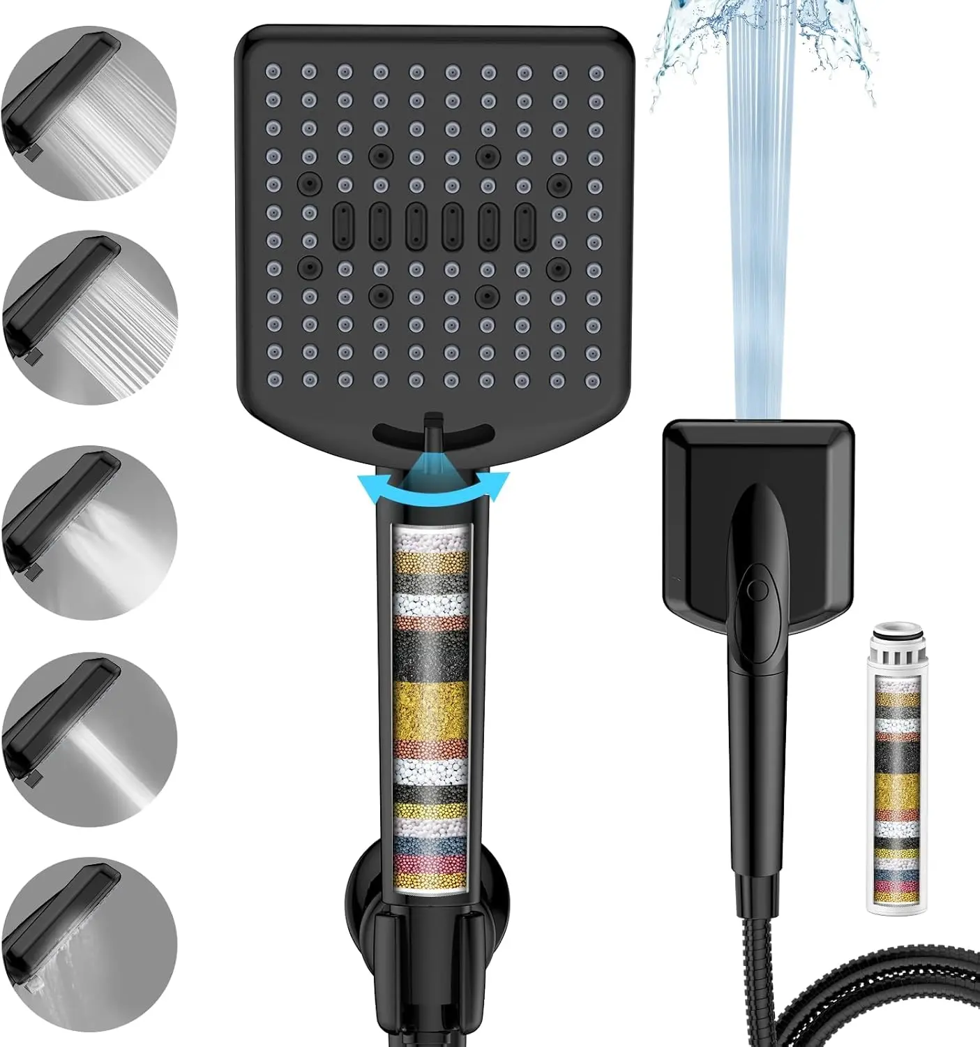 Matte Black Detachable Handheld Filtered Shower Head - 5+1 Functions (Including Power Wash), 120 Anti-Clog Nozzles, 4.92 Inches Square, Built-In Hard Water Filters, 6ft Extra Long Hose for Homes, Outdoor Camping