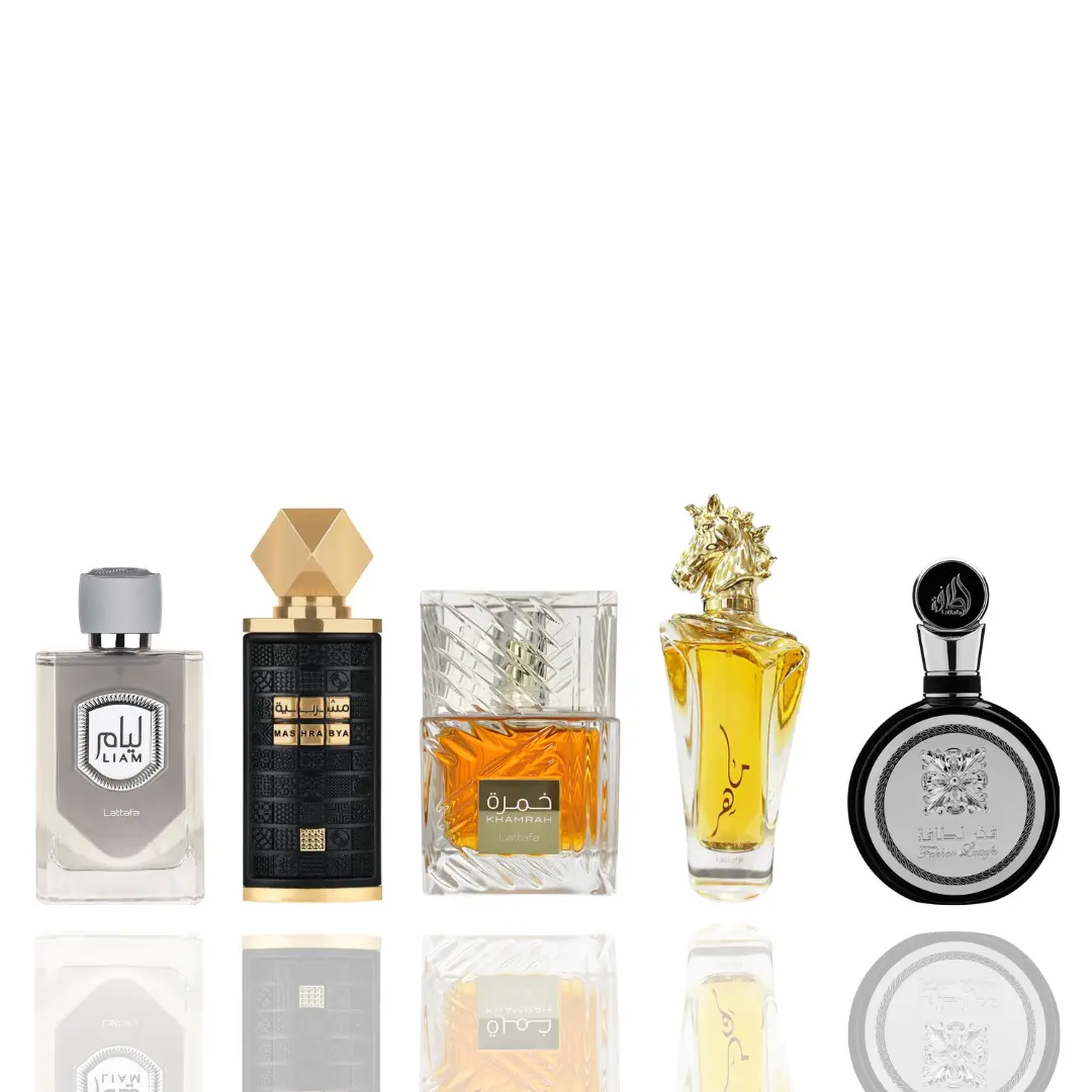 Lattafa Unisex Luxury 5-Piece Packaged Fragrance Gift Bundle - Maaahir Gold, Liam, Fakhar Lattafa Man, Khamrah, Mashrabya, Aromatic, Floral Woody, Musk Scents with Fruity-Floral, Spicy-Sweet Notes, Elegant Scent, Floral Woody Fragrance