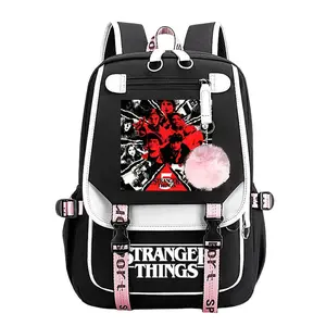 Vintage Stranger Things Trendy Youth Laptop Backpack,11.4''×18.1'' Large Capacity Multi Pocket School Bag with Pom Pom Charm, Adjustable Breathable Straps Perfect Back To School Gift