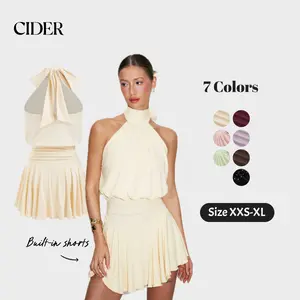Cider Stand Collar Sleeveless A-Line Built-in Shorts Mini Dress with Scarf SummerWins Dealsforyou