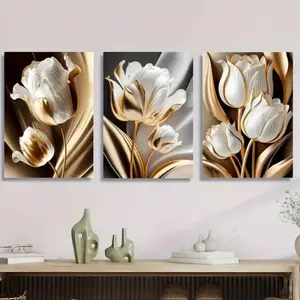 3pcs with wooden frame flower black and white gold classic retro interior mural luxurious Artistic white tulip gold border home decoration painting flower decoration painting