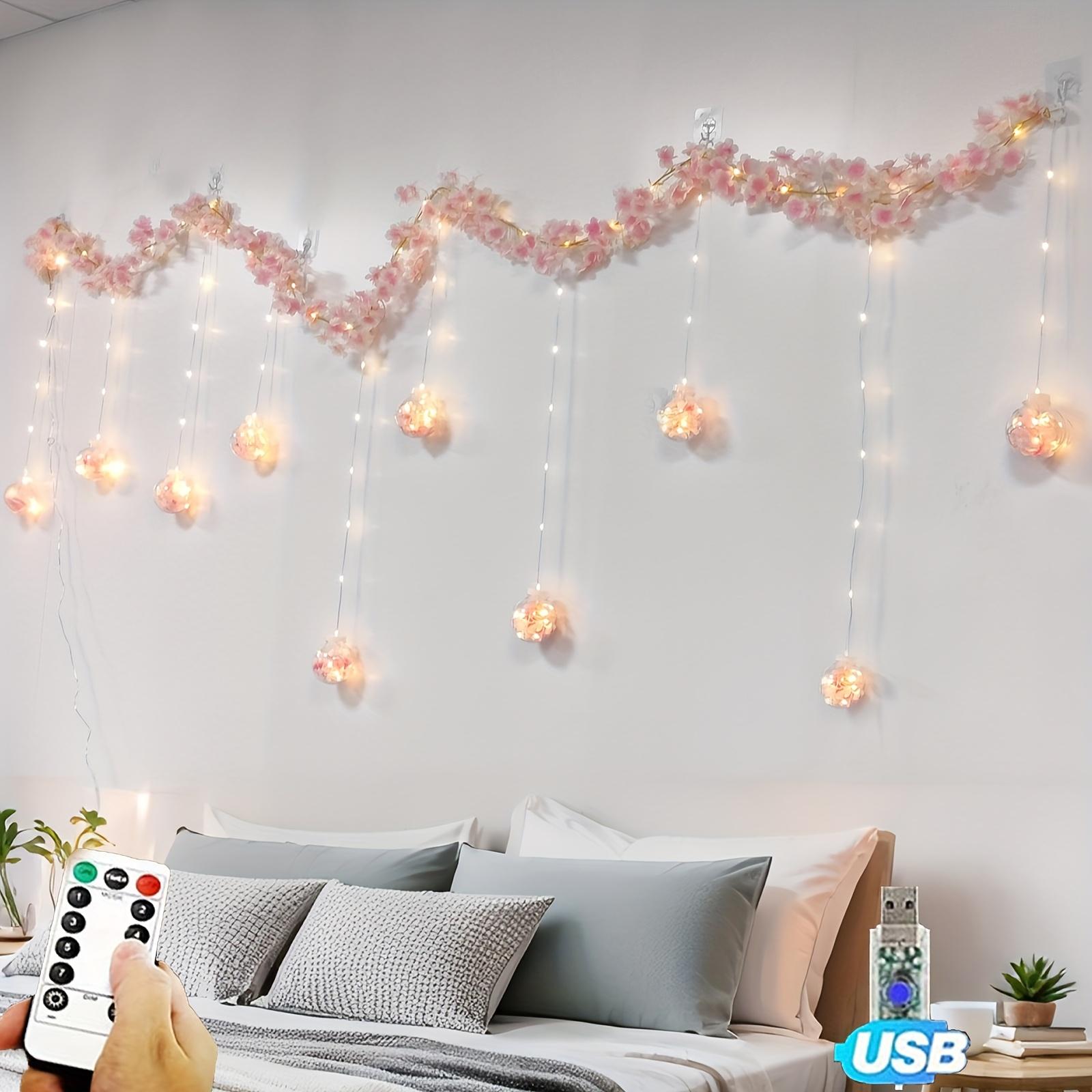Cherry Blossom and Wisteria Wish Ball String Lights, 118 inches long, USB-powered, comes with a remote control, features 8 lighting modes, and includes 108 LED bulbs and 10 round bulbs. Perfect for Mother’s Day and indoor holiday decorations.