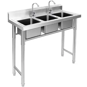 Maeklon 3 Compartment Stainless Steel Sink, 39'' × 18'' × 36'' Commercial Utility Sink, Free Standing Three Bowl Kitchen Sink Set with 2 Faucets Hot & Cold Water Pipes for Food Truck, Bar, Restaurant