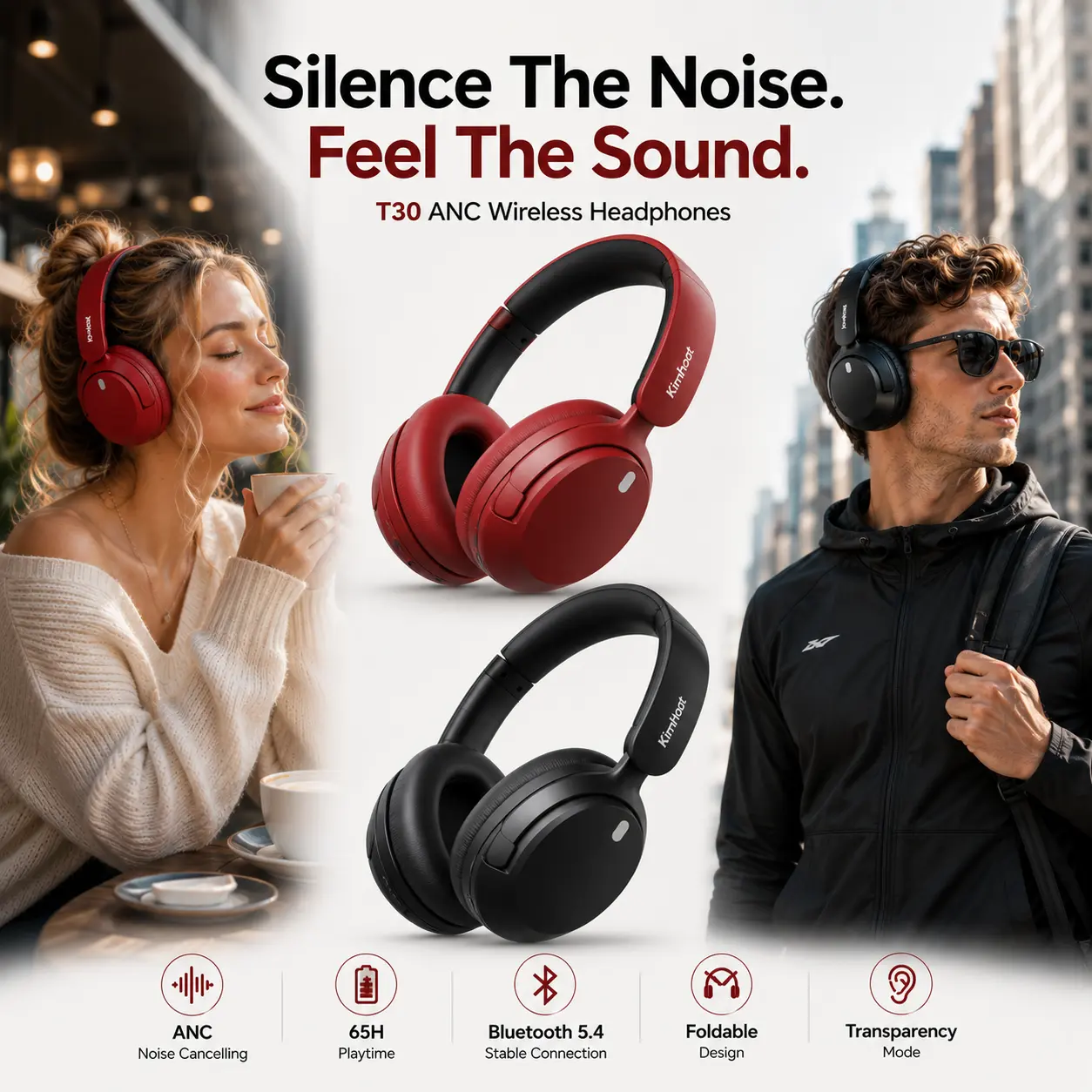 【Featured】Hybrid Active Noise Cancellation (ANC) Wireless Over-Ear Foldable HiFi Headphones, 60H Playtime, Bluetooth Connection, Hi-Res Deep Bass, Soft Memory Foam Ear Cups, Built-in Mic, Batteries, Waterproof, for Travel, Work, Calls, T30