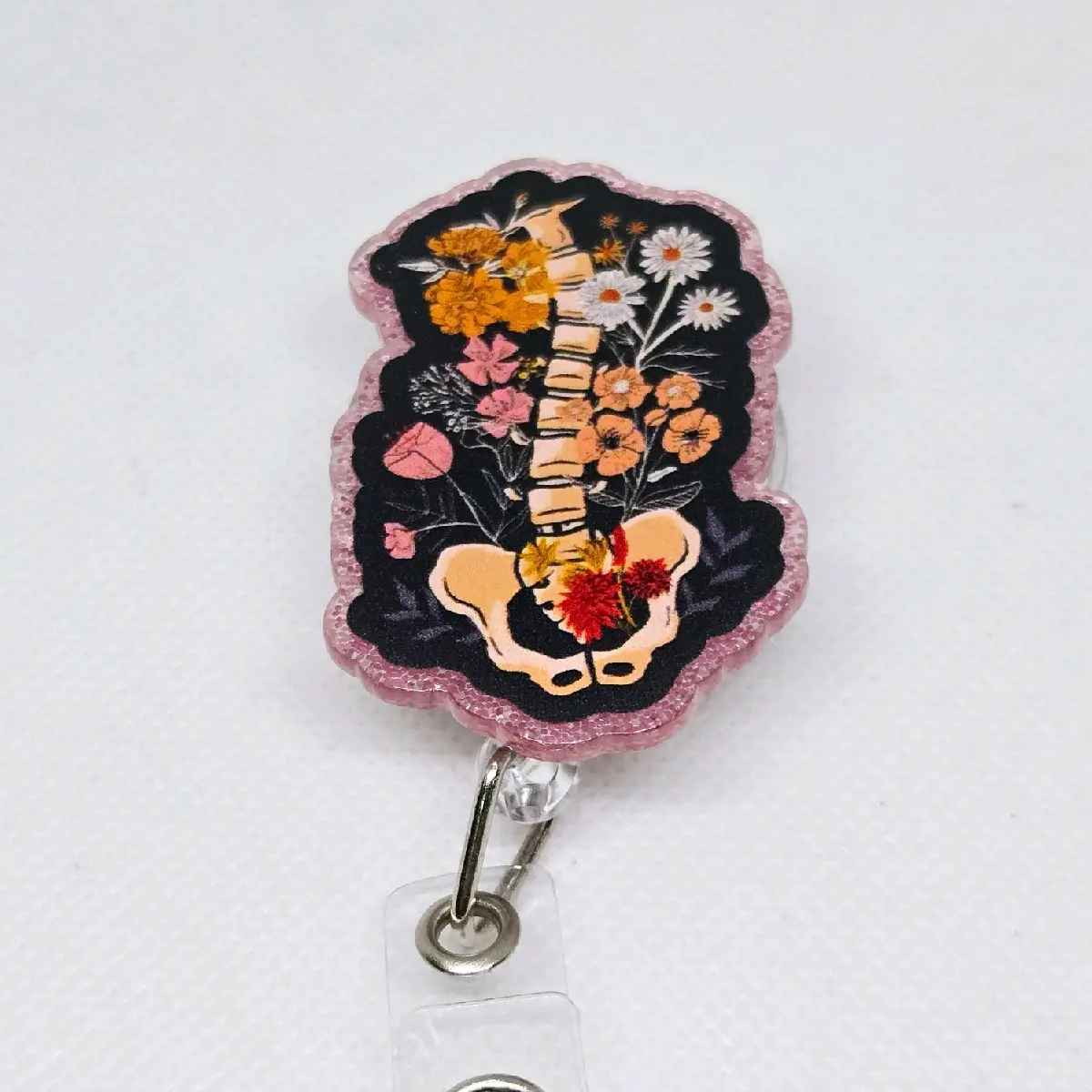 Floral Spine Acrylic Retractable Badge ID Reel Belt or Alligator Clip Perfect for Chiropractors, Neurology, Ortho and Radiology id badge Tech