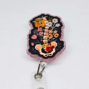 Floral Spine Acrylic Retractable Badge ID Reel Belt or Alligator Clip Perfect for Chiropractors, Neurology, Ortho and Radiology id badge Tech
