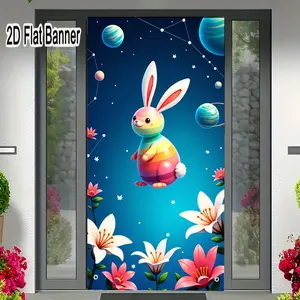 2D flat banner, 1pcWhimsical Rainbow Striped Rabbit Space Floral Backdrop, Starry Sky & Celestial Body Party Decor, Dreamy Enchanting Gaming Birthday Bannergalentines party decor, valentine day decor, decorations for valentines day