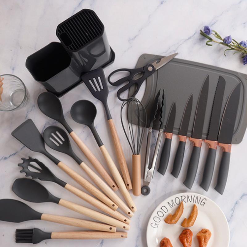 Hot Selling Silicone Kitchen Utensil Set 19-Piece Cooking Spoon Spatula Knife Storage Bucket Wooden Utensil Set Kitchen Tools Ladle Sturdy Durable Kitchenware Cookware