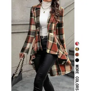 Women’s plaid print buttoned high-low collared jacket, autumn and winter casual long-sleeved lapel off-shoulder jacket, women’s everyday wear GARMENTARY