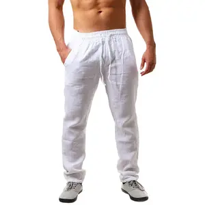 Men’s pure cotton pants, solid color, long, lightweight summer pants, loose casual pants with drawstring, suitable for everyday wear at holiday beaches GARMENTARY