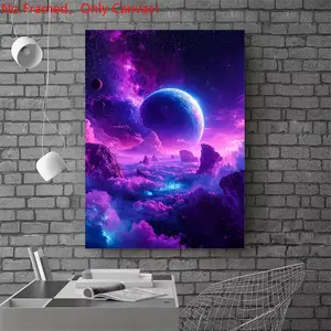 1 piece/set frameless canvas painting print poster, Space landscape Fantasy art，Purple Space Landscape with Planet，a perfect gift for Universe loves, ideal gift for bedroom, living room, dorm hallway, kitchen, mural, wall decoration, room decor