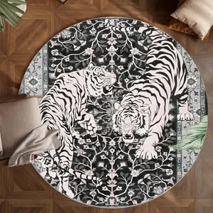 Vintage Tiger Pattern Round Rug, Non-slip Soft Floor Mat, Washable Foldable Floor Carpet for Home Living Room Bedroom Hotel Dormitory Decor