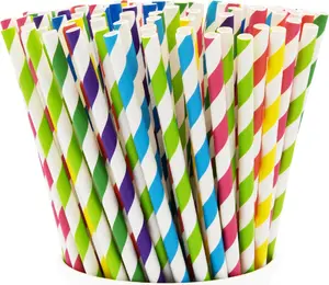 200PCS Striped Paper Drinking Straws – Biodegradable, Sturdy Non-Soggy Disposable Party Straws