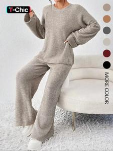 women's raglan sleeve split sweater & elastic waist pants set, casual basic round neck top & pants sweater set, women's autumn & winter clothing for daily wear