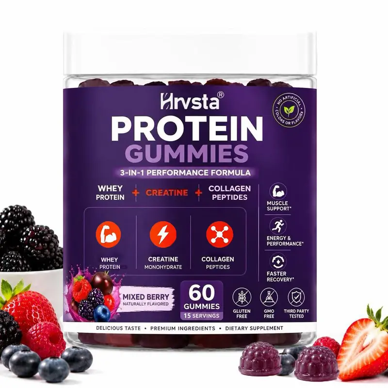 Hrvsta 3-in-1 Chewable Whey Protein Gummies Advanced Dietary Supplement - 0 Sugar, Creatine + Collagen Supplements, Pure Protein, Muscle & Energy Support, Berry Flavor, for Adult Fitness & Nutrition Needs