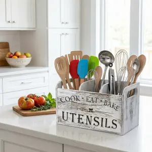 Utensil Holder,Large Wooden Utensil Holder for Kitchen Counter, Cooking Utensil Organizer with 3 Compartments,Utensil Crock for Silverware Spoon Spatula(Vintage White)
