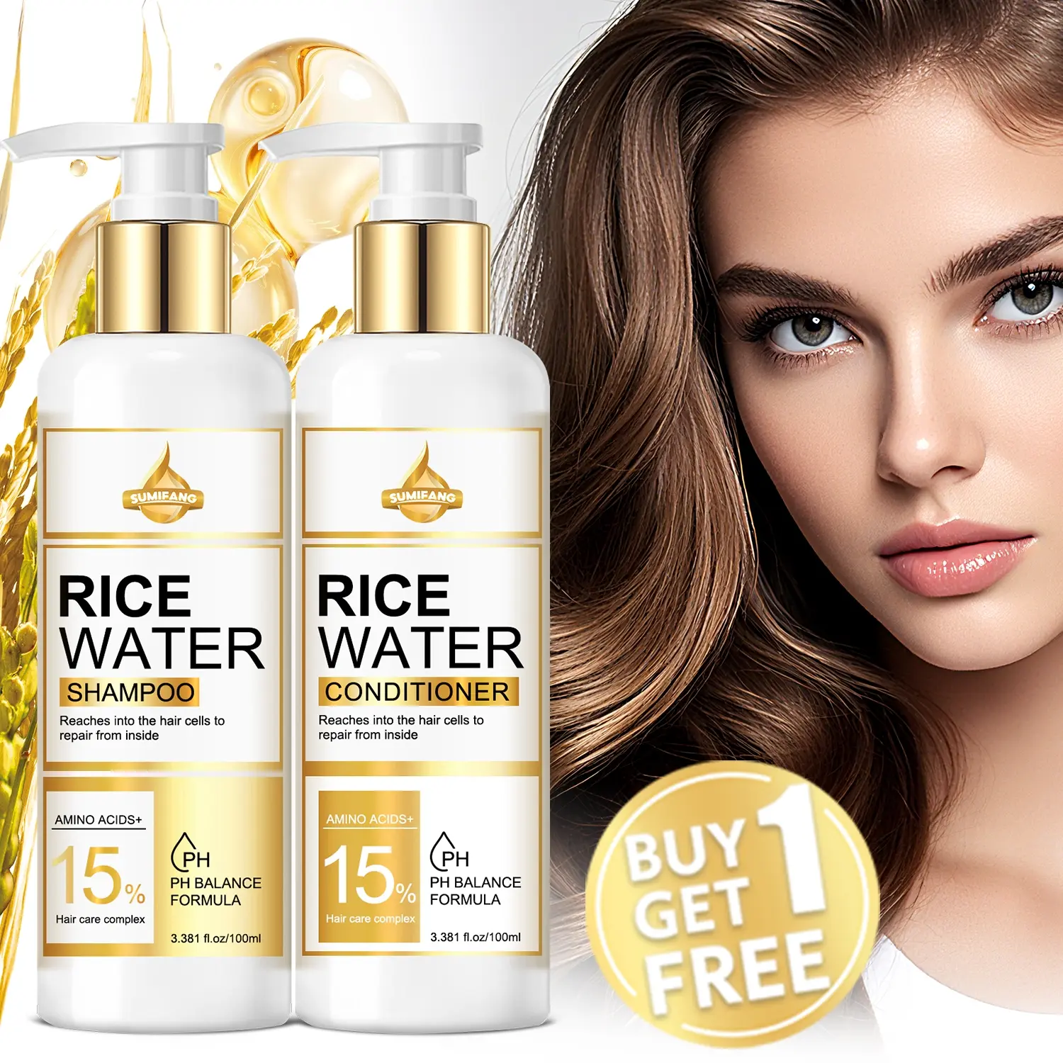 Rice Water Sulfate Free Shampoo & Conditioner Set, Natural Ingredients with Biotin & Caffeine, Suitable for Men & Women, Hair Care Routine, Hair Care Products, Haircare Shampoo Conditioner