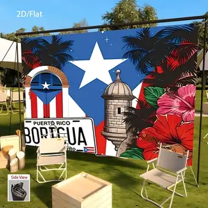 1pc 2D Flat Puerto Rico Boricua Island Polyester Fabric Banner - Durable Party Decorations Banners, Vibrant Tropical Palm Trees, Hibiscus, El Morro Castle Design, Backdrop for Home, Celebrations