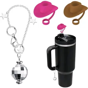 3 PCS - 2 Cowboy Hat Silicone Straw Covers & 1 Disco Ball Tumbler Charm - Personalized Accessories for 30 & 40 oz Stanley and other Cups, Fits 6-10mm Straws Drinkware Bachelorette party Stylish Mug Set