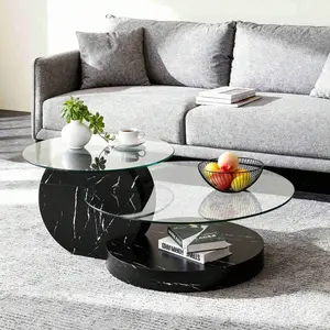 42 Inch Double Layer   Round - Tempered Glass Tabletop, White    Imitation Marble Legs, Brown    Imitation Wood Grain Legs, Modern Practical Art Decor Design   Living Room & Bedroom,  Small Space Home with coffee table for Mobile Standing Desk Wheels