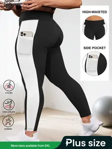 Women's Plus Size High Waist Skinny Pants, Trim Colorblock Design, Pockets, Super Stretchy, Comfortable Casual Daily Wear, Shaping Leggings