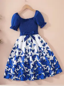 Girls Square Neck Bubble Short Sleeve Butterfly Print Dress, Fashionable Comfortable Cool, Adjustable Waistband, Summer Casual Wear